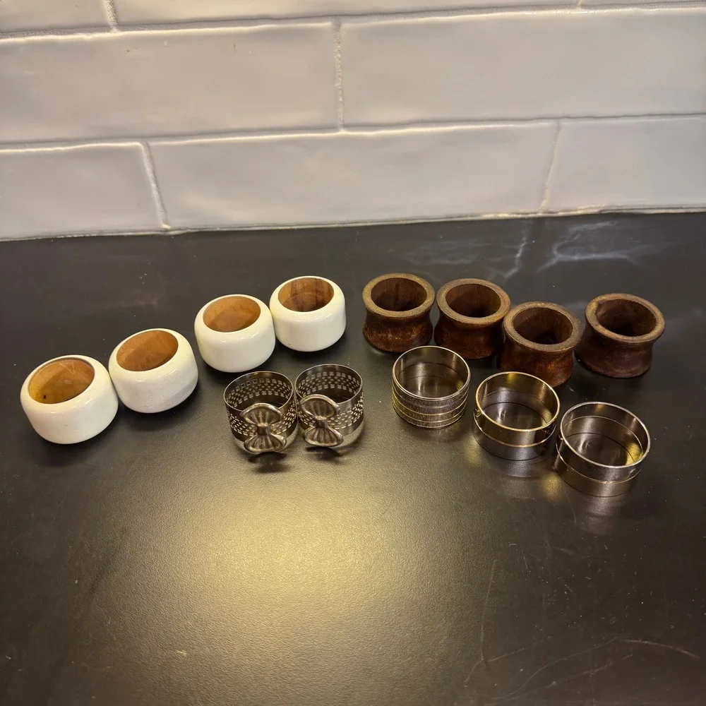 Mixed Napkin Rings Set Home 13pc White Brown Gold Silver Wood Ceramic Metal Bows